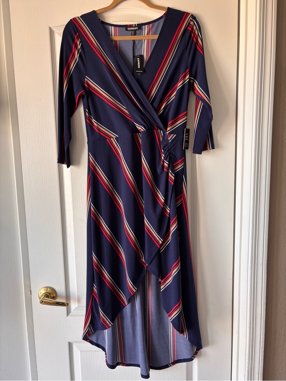 Express Faux Wrap v neck High Low Maxi Dress blue stripe size medium